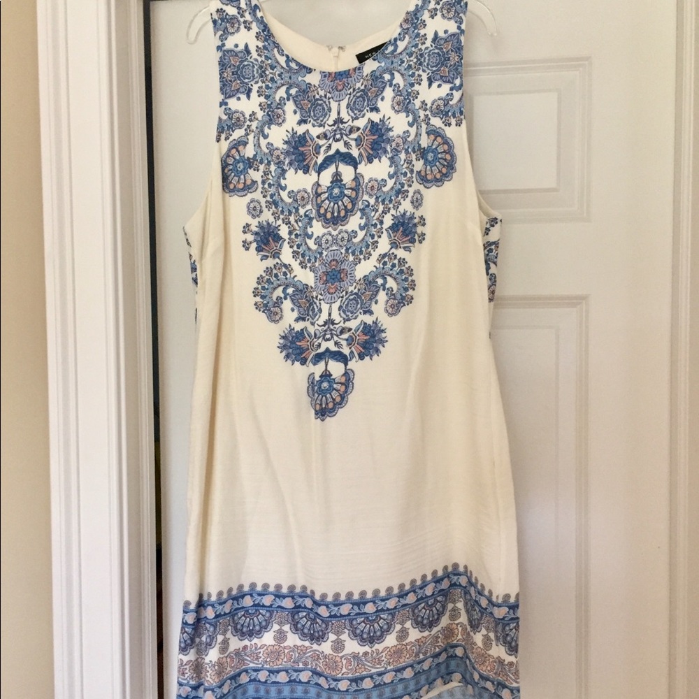 Blue and white patterned dress